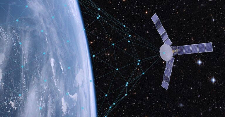 satellite orbiting Earth, showcasing its solar panels and intricate design against a starry background