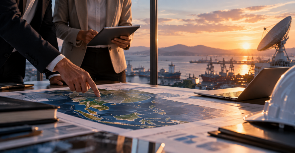Two business professionals examining a map spread out on a table, discussing potential locations or strategies